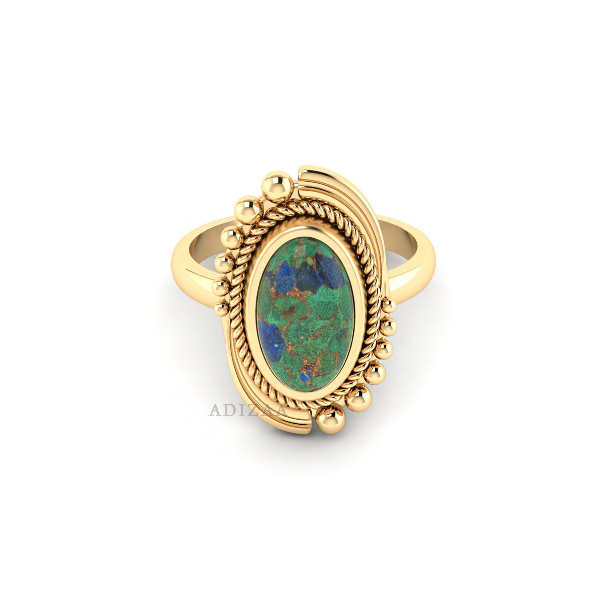 Copper Azurite Ring, Oval Shape Helix Textured With Gold Filled Wavying Ring, 18k Gold Finish Statement Ring, Dainty Rings For Women Copper Azurite Ring, Oval Shape Helix Textured With Gold Filled Wavying Ring, 18k Gold Finish Statement Ring, Dainty Rings For Women