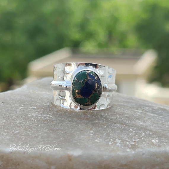 Handmade Azurite Sterling Silver Ring: Hammered Band