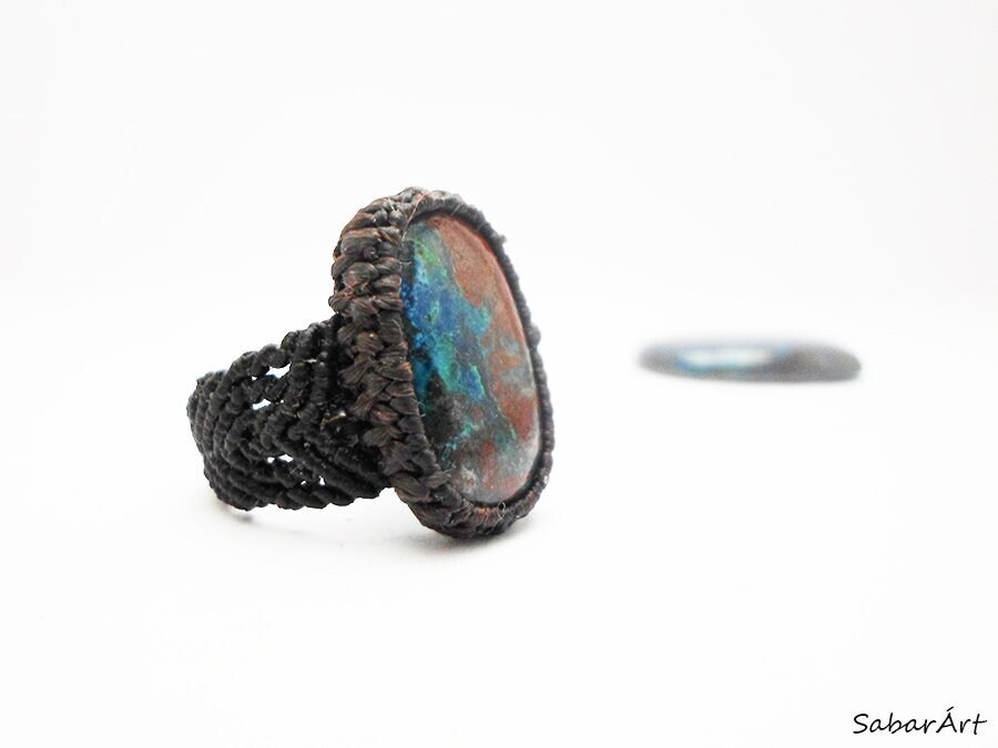 Azurite Macrame Ring: Earth Stone Statement Jewelry