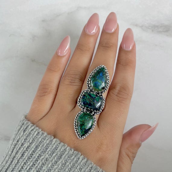 Azurite Malachite Adjustable Ring / 925 Sterling Silver / Healing Gemstone / Gifts For Her / Pear Cab / Malachite Statement Ring / Azm-r-43.