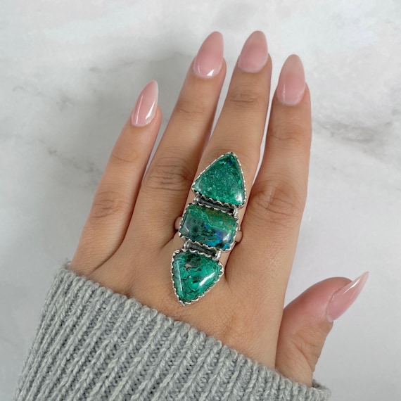 Azurite Malachite Adjustable Ring / 925 Sterling Silver / Healing Gemstone / Gifts For Her / Trillion / Malachite Statement Ring / Azm-r-69.
