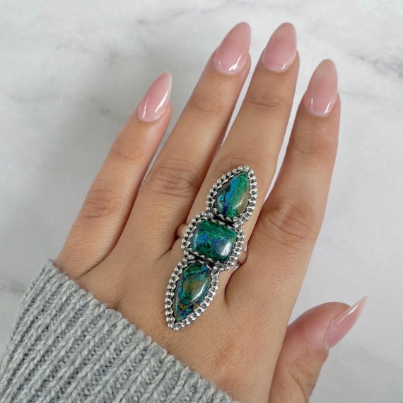 Azurite Malachite Adjustable Ring / 925 Sterling Silver / Healing Gemstone / Gifts For Her / Pear Cab / Malachite Statement Ring / Azm-r-71.