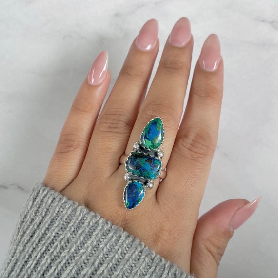 Azurite Malachite Adjustable Ring / 925 Sterling Silver / Healing Gemstone / Gifts For Her / Pear Cab / Malachite Statement Ring / Azm-r-45. Azurite Malachite Adjustable Ring / 925 Sterling Silver / Healing Gemstone / Gifts For Her / Pear Cab / Malachite Statement Ring / Azm-r-45.