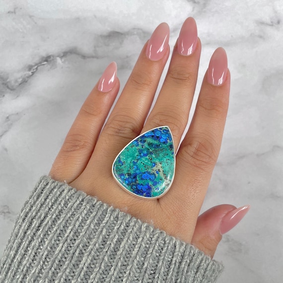 Azurite Malachite Adjustable Ring / 925 Sterling Silver / Healing Gemstone / Gifts For Her / Pear Cab / Malachite Statement Ring / Azm-r-97.