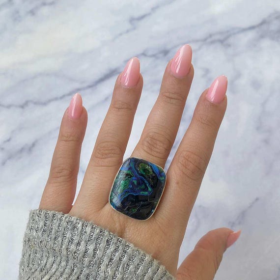 Azurite Malachite Adjustable Ring / 925 Sterling Silver / Healing Gemstone /gift For Her / Octagon Cab / Malachite Statement Ring / Azm-r-3. Azurite Malachite Adjustable Ring / 925 Sterling Silver / Healing Gemstone /gift For Her / Octagon Cab / Malachite Statement Ring / Azm-r-3.