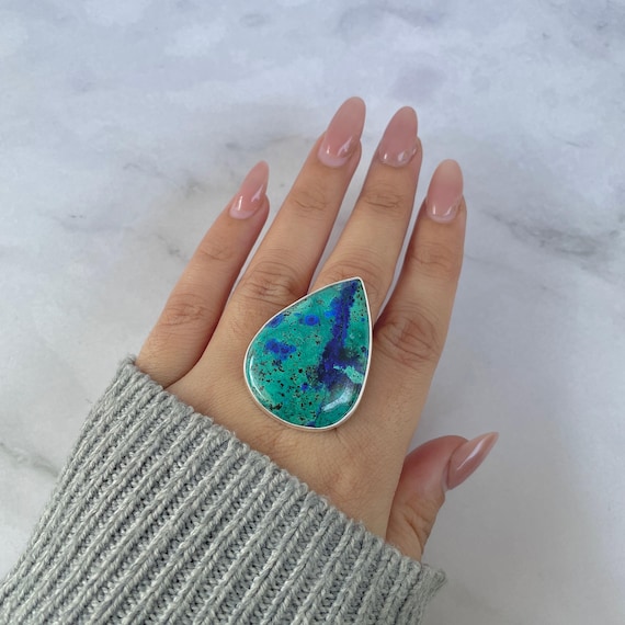 Azurite Malachite Adjustable Ring / 925 Sterling Silver / Healing Gemstone / Gift For Her / Pear Cab / Malachite Statement Ring / Azm-r-116. Azurite Malachite Adjustable Ring / 925 Sterling Silver / Healing Gemstone / Gift For Her / Pear Cab / Malachite Statement Ring / Azm-r-116.