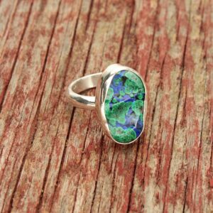 Azurite with Malachite Sterling Silver Ring Blue Azurite with Green Malachite Cabochon in  Silver, Size 8