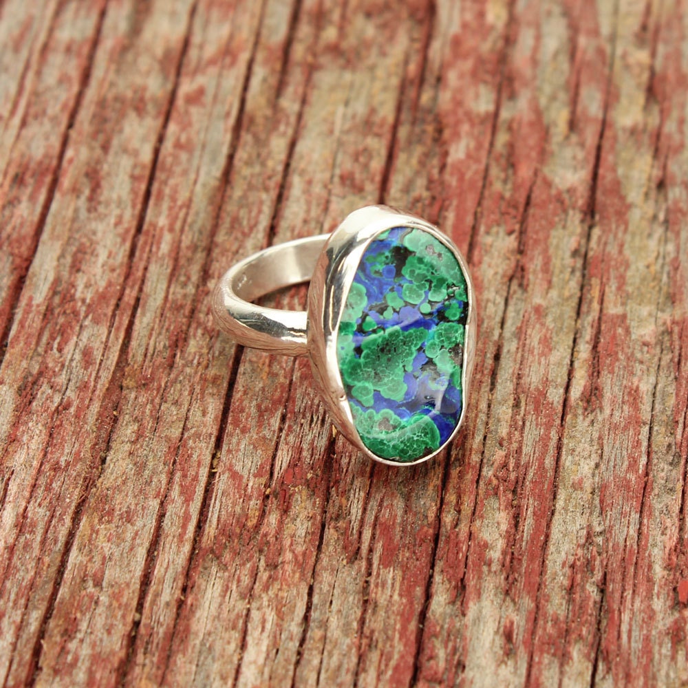 Azurite With Malachite Sterling Silver Ring Blue Azurite With Green Malachite Cabochon In  Silver, Size 8