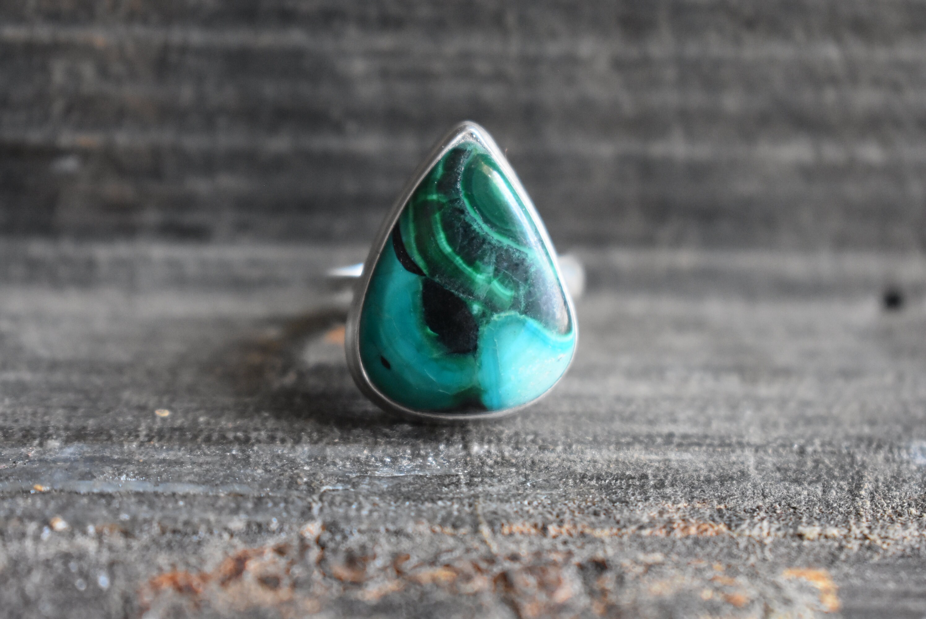 Natural Azurite Malachite 925 Silver Ring, Drop Shape