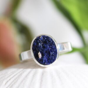 Oval Blue Azurite Druzy Ring: Sterling Silver Unisex Band, Size 9