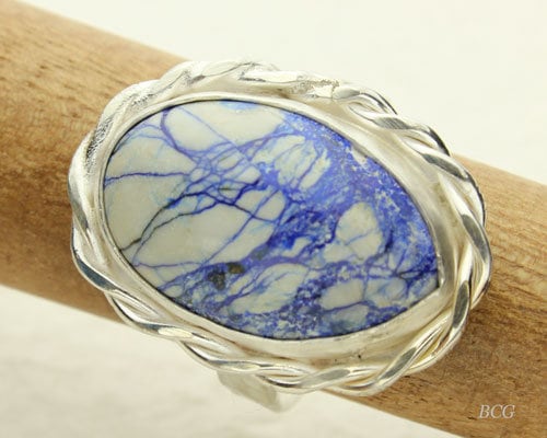 Azurite Silver Ring, Siberian Blue Azurite Cabochon, Sterling Silver Band, Size 6