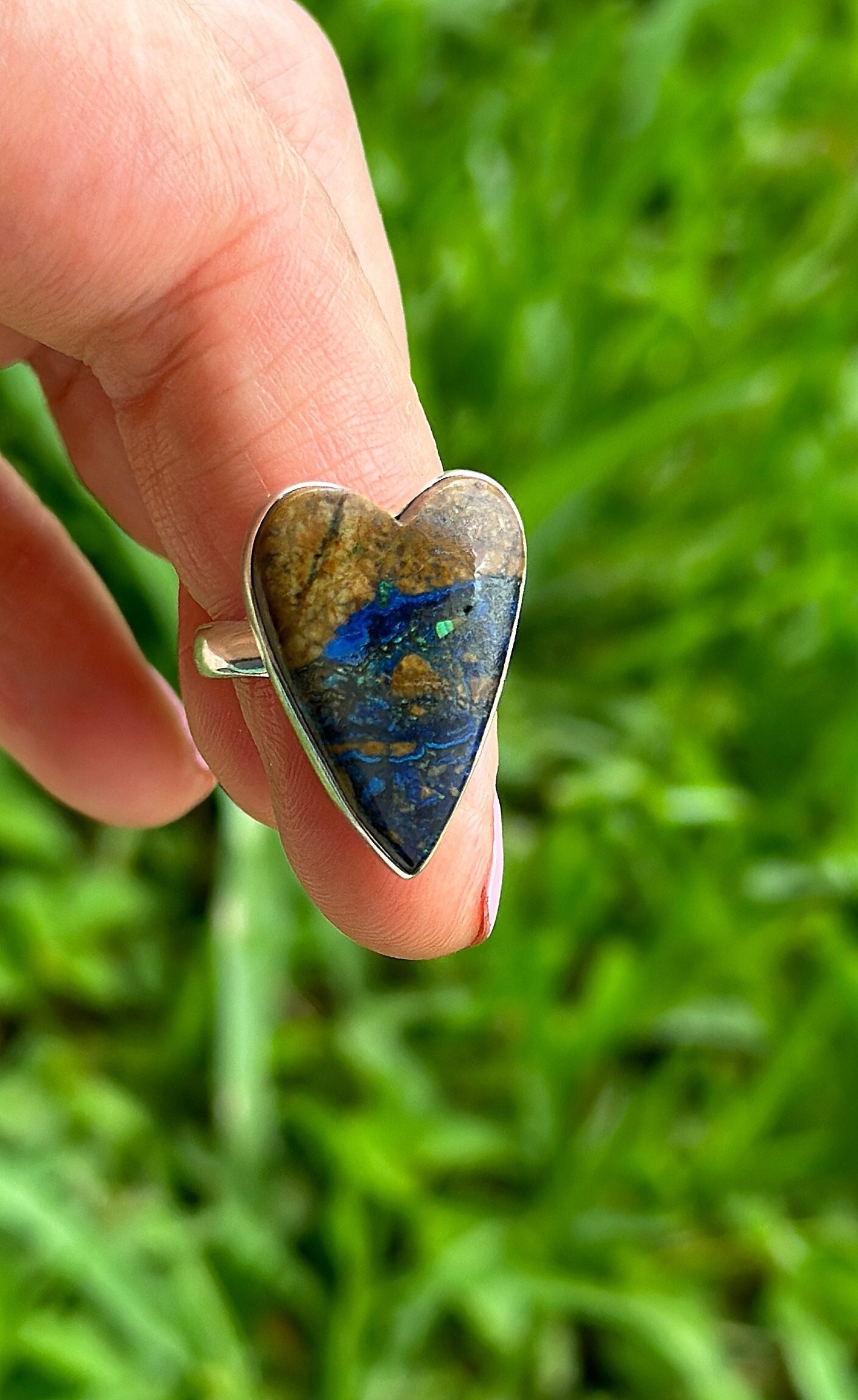 Size 6, Boulder Azurite, Heart Ring, Sterling Silver, Ring