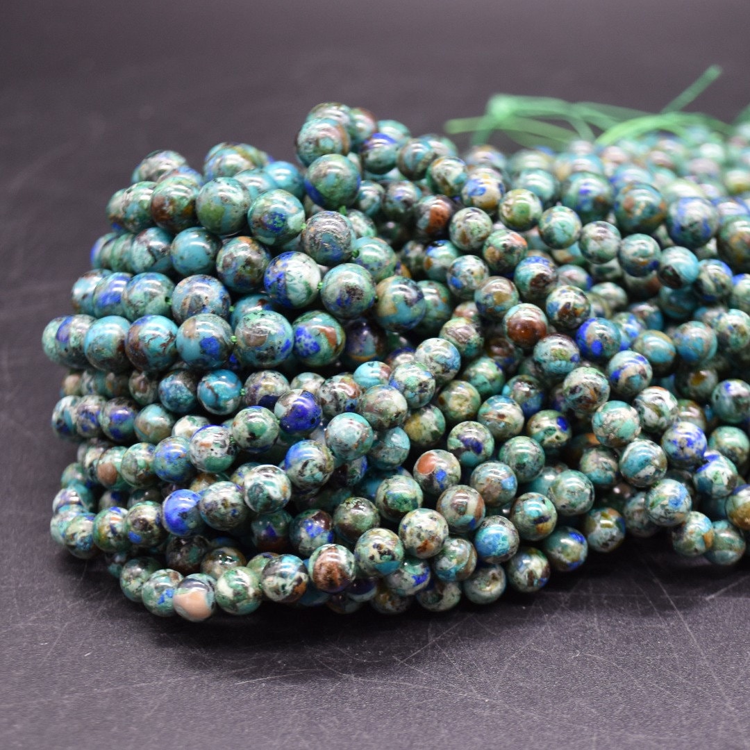 Azurite In Malachite Round Beads - 6mm, 8mm Sizes - 14" Strand - Natural Gemstone Beads For Jewellery Making | Crystal Beads