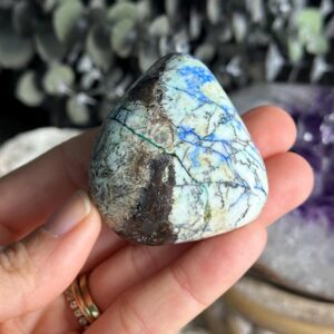 Azurite in Barite palm stone. NEW FIND