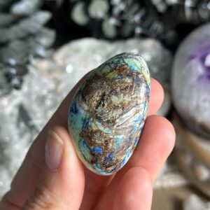 Azurite in Barite palm stone. NEW FIND