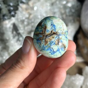 Azurite in Barite palm stone. NEW FIND
