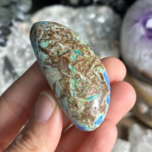 Azurite in Barite palm stone. NEW FIND