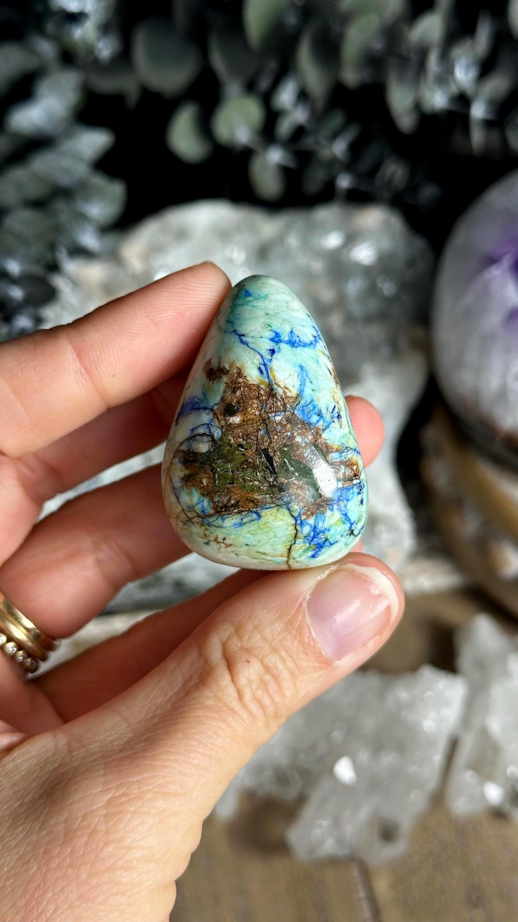 Azurite In Barite Palm Stone. New Find Azurite In Barite Palm Stone. New Find