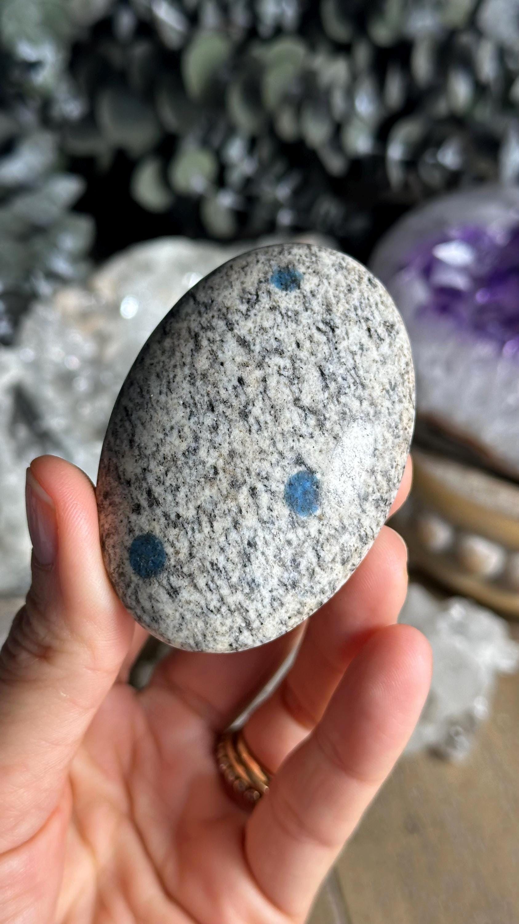 K2 Palmstone, Azurite In Granite Palm Stone K2 Palmstone, Azurite In Granite Palm Stone