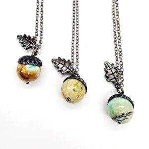 Banded Calcite Acorn Necklace // Fall Jewelry, Gunmetal Chain, Gemstone Necklace, Oak Tree