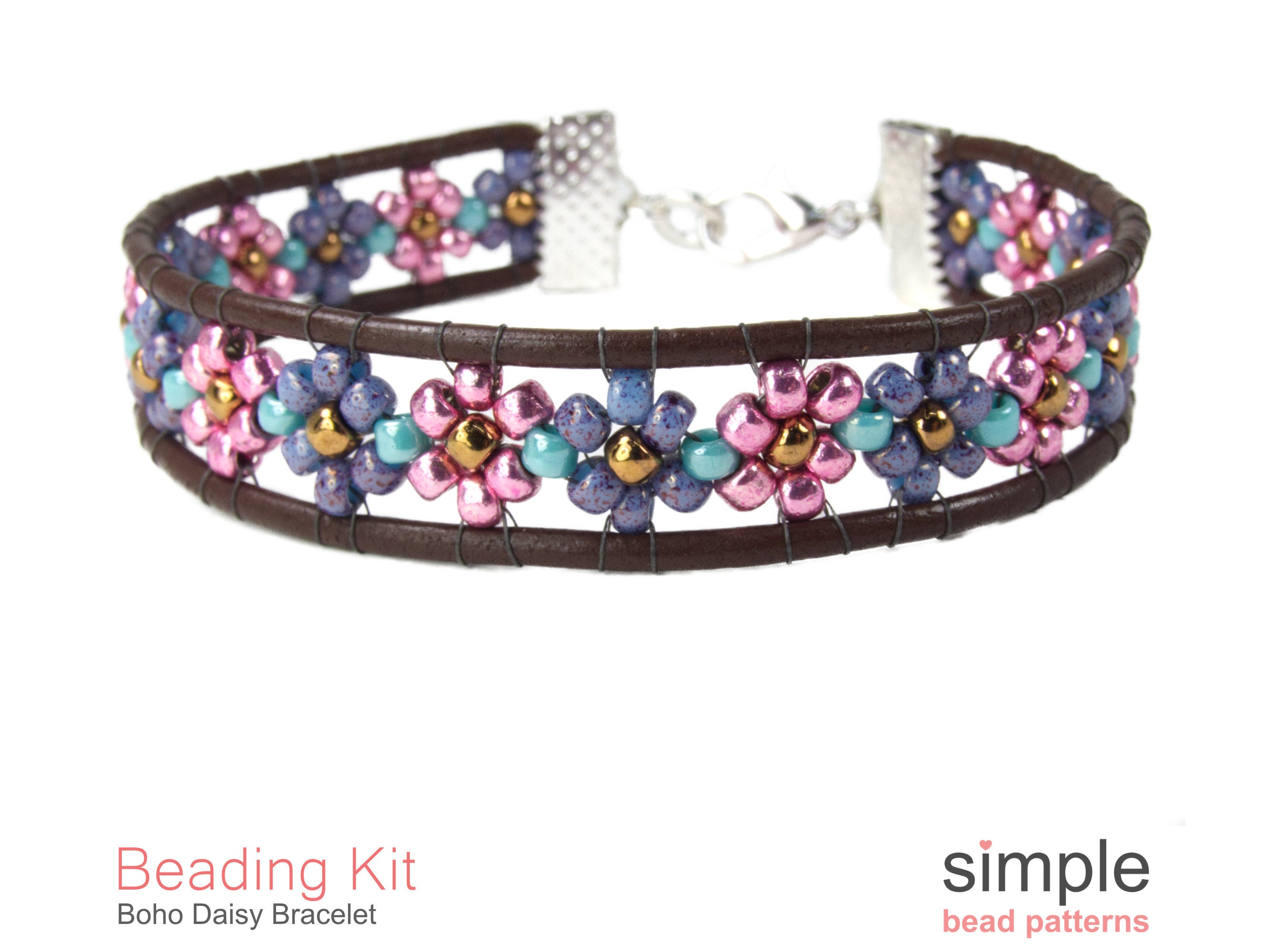 Beaded Daisy Flower Leather Wrap Bracelet Kit For Adults (in Pink, Purple, Turquoise, Brown, And Silver): "boho Daisy" Design