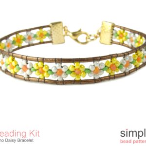 Beaded Flower Leather Wrap Bracelet Kit for Adults (in White, Yellow, Orange, Green, and Gold): "Boho Daisy" Design