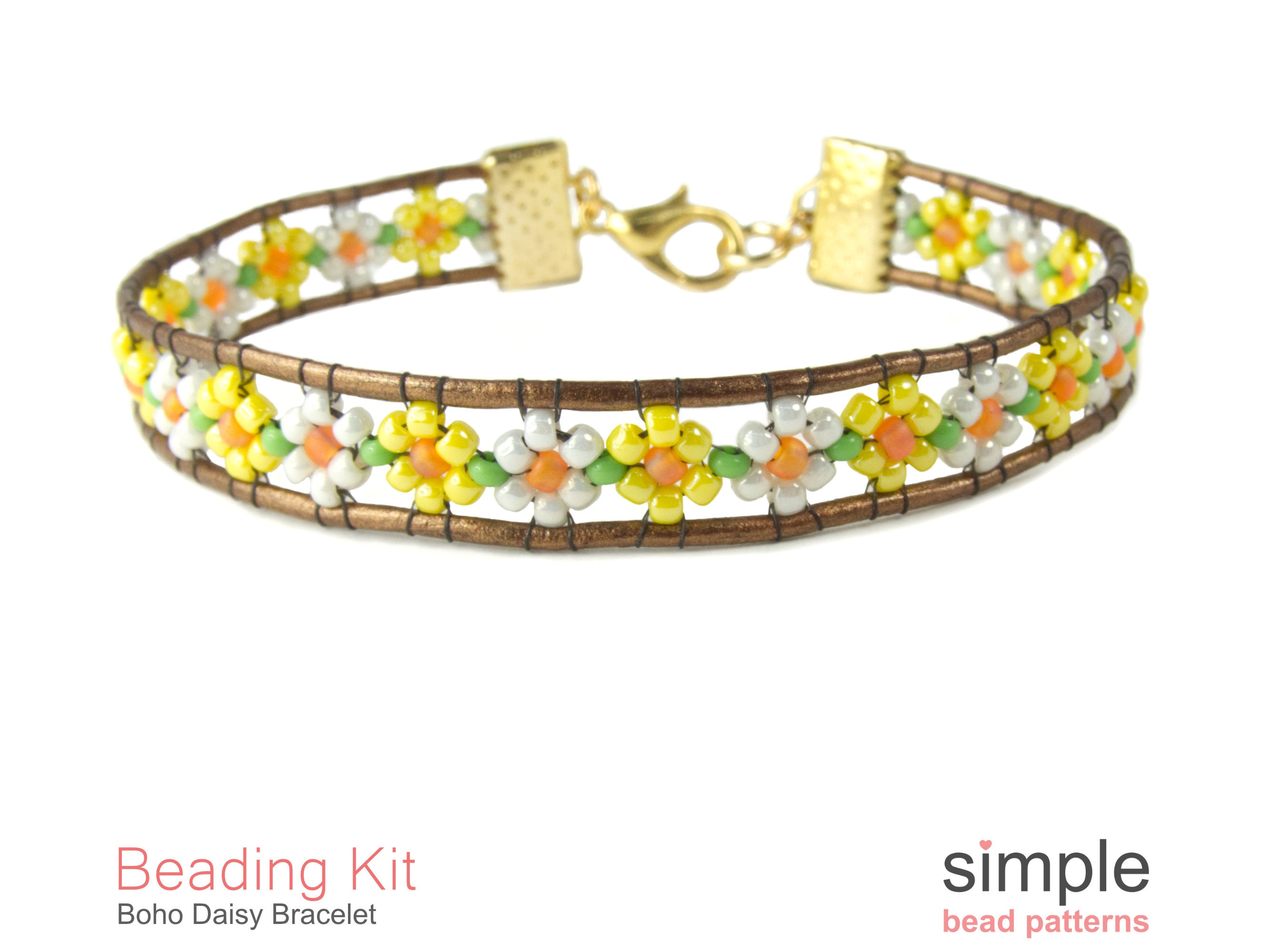 Beaded Flower Leather Wrap Bracelet Kit For Adults (in White, Yellow, Orange, Green, And Gold): "boho Daisy" Design