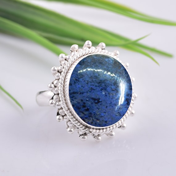 Handmade Dumortierite Sterling Silver Ring, Round Gemstone