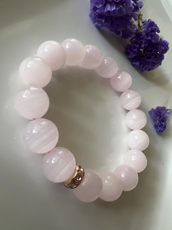 Beautiful Natural Delicate Pink Mangano Calcite 12mm Beaded Crystal Gemstone Bracelet Beautiful Natural Delicate Pink Mangano Calcite 12mm Beaded Crystal Gemstone Bracelet