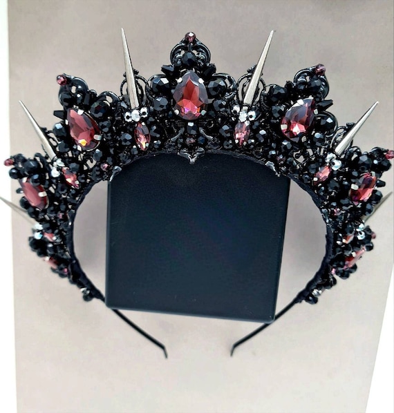 Black And Burgundy Bridal Tiara | Gothic Halo Crown | Ruby Wedding Crown