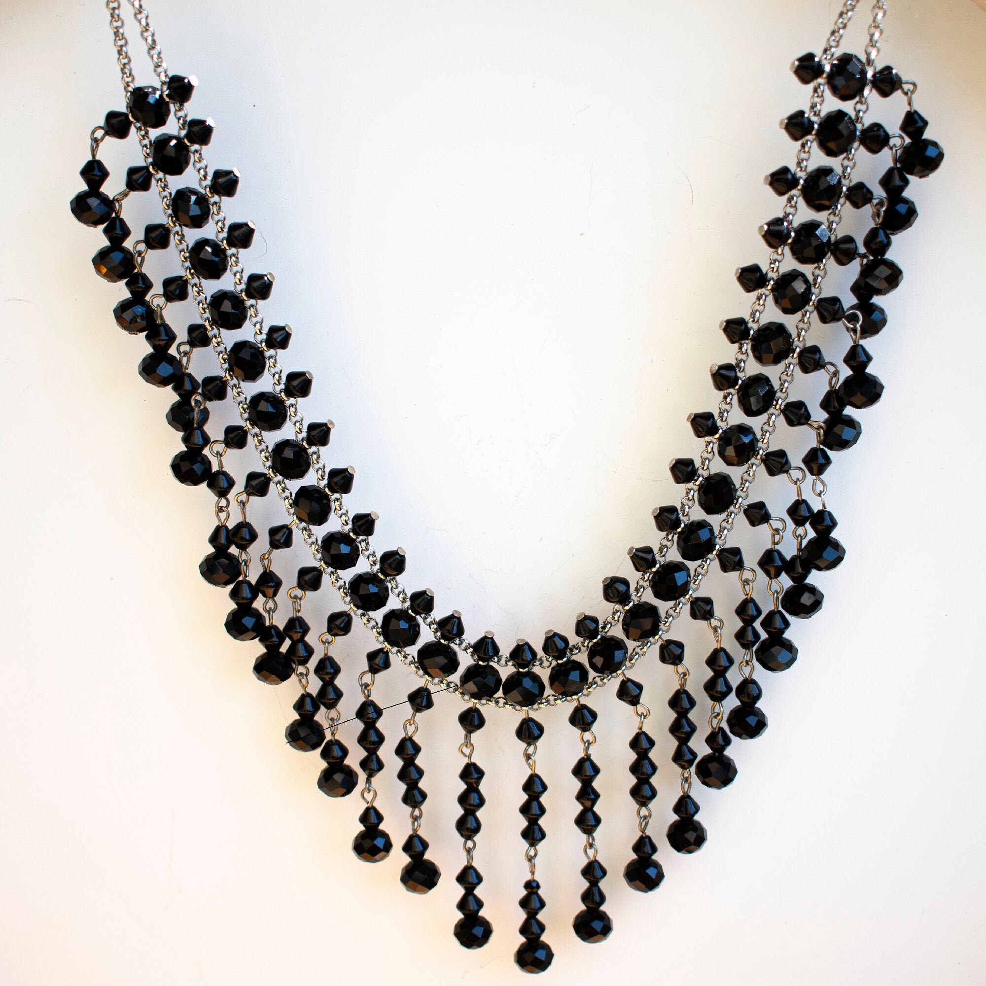 Black Crystal Glass Bib Necklace, Crystal Necklace, Elegant Black Crystal Glass Necklace, Black Bib Necklace