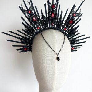 Black Halo Crown, Gothic Moon Headpiece, Red Crystal Evil Queen Tiara