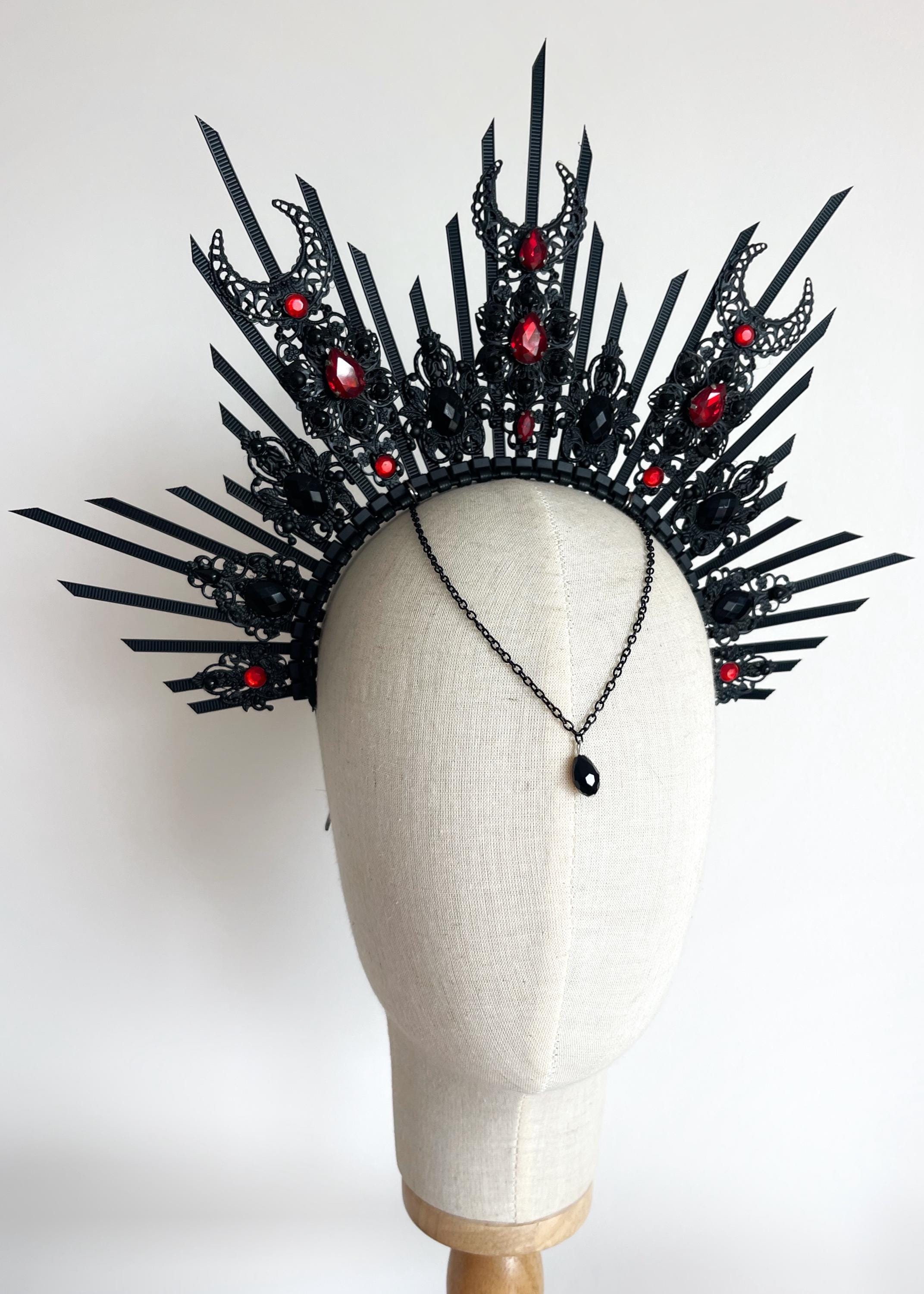 Black Halo Crown, Gothic Moon Headpiece, Red Crystal Evil Queen Tiara