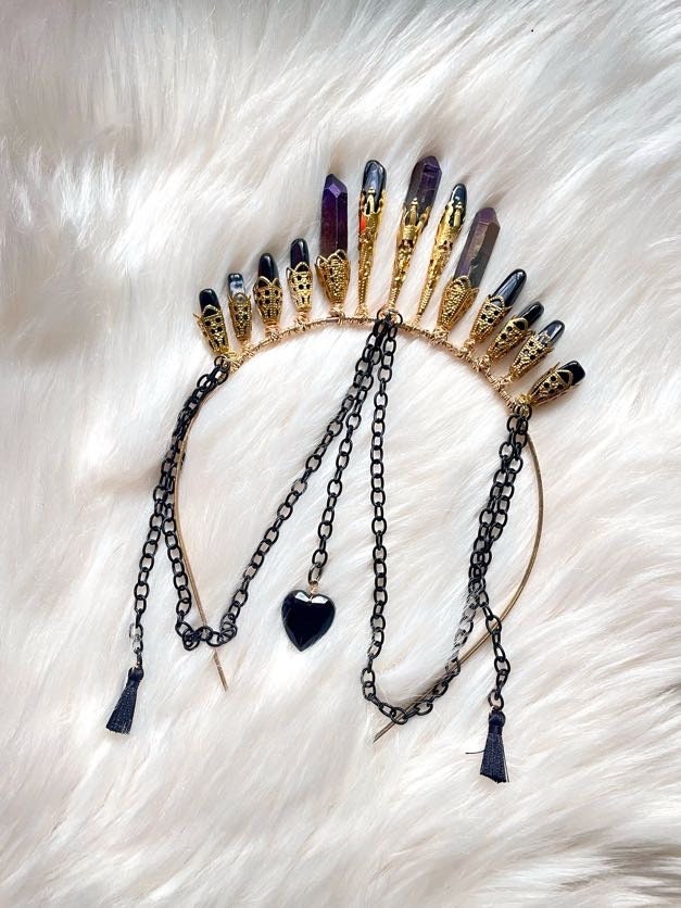 Black Onyx & Titanium Aura Quartz Crystal Crown | Dark Goddess Lilith
