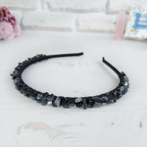 Black stones headpiece Witch gothic wedding beaded hair piece Black crystal crown for Prom Dainty gemstone headband Bling hair jewelry