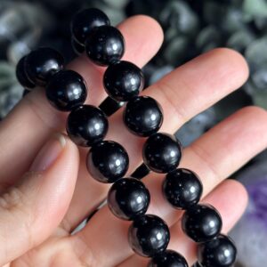 12mm Black Tourmaline Bracelet: Crystal Beaded Stretch Bracelet