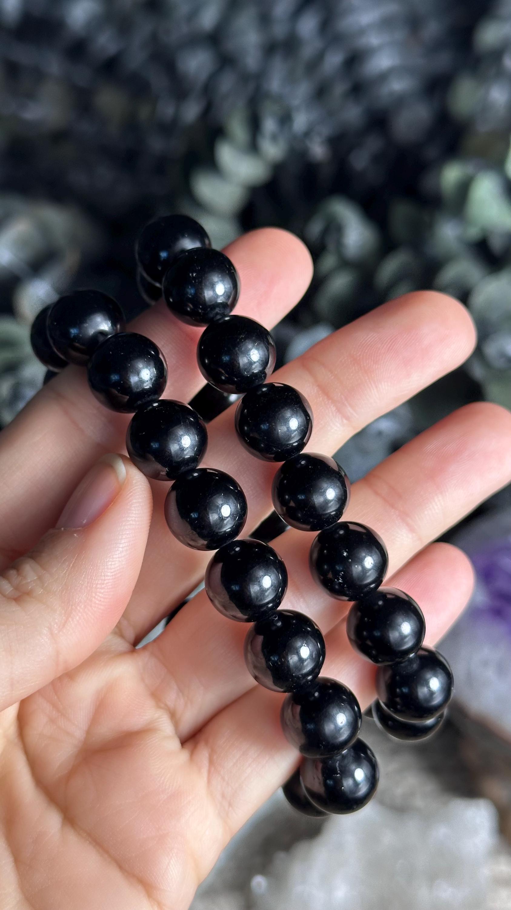 12mm Black Tourmaline Bracelet: Crystal Beaded Stretch Bracelet