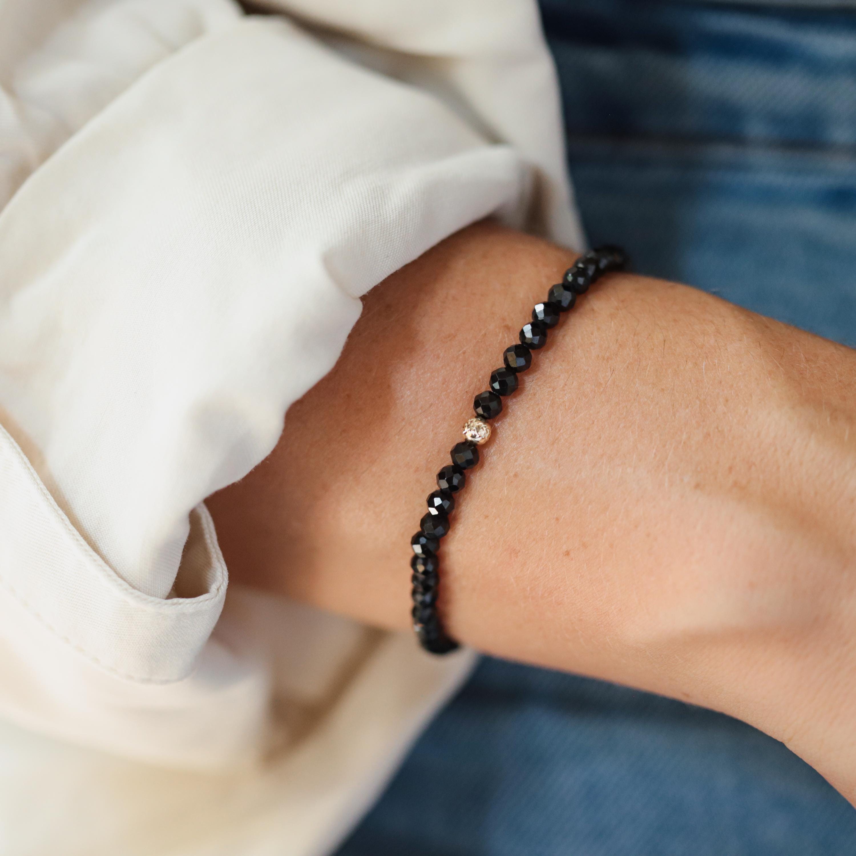 14k Gold Black Tourmaline Bracelet 4mm | Genuine Black Tourmaline [ebbm1615] | Energy Bracelet | Strength Protection Stamina Healing *bs *g