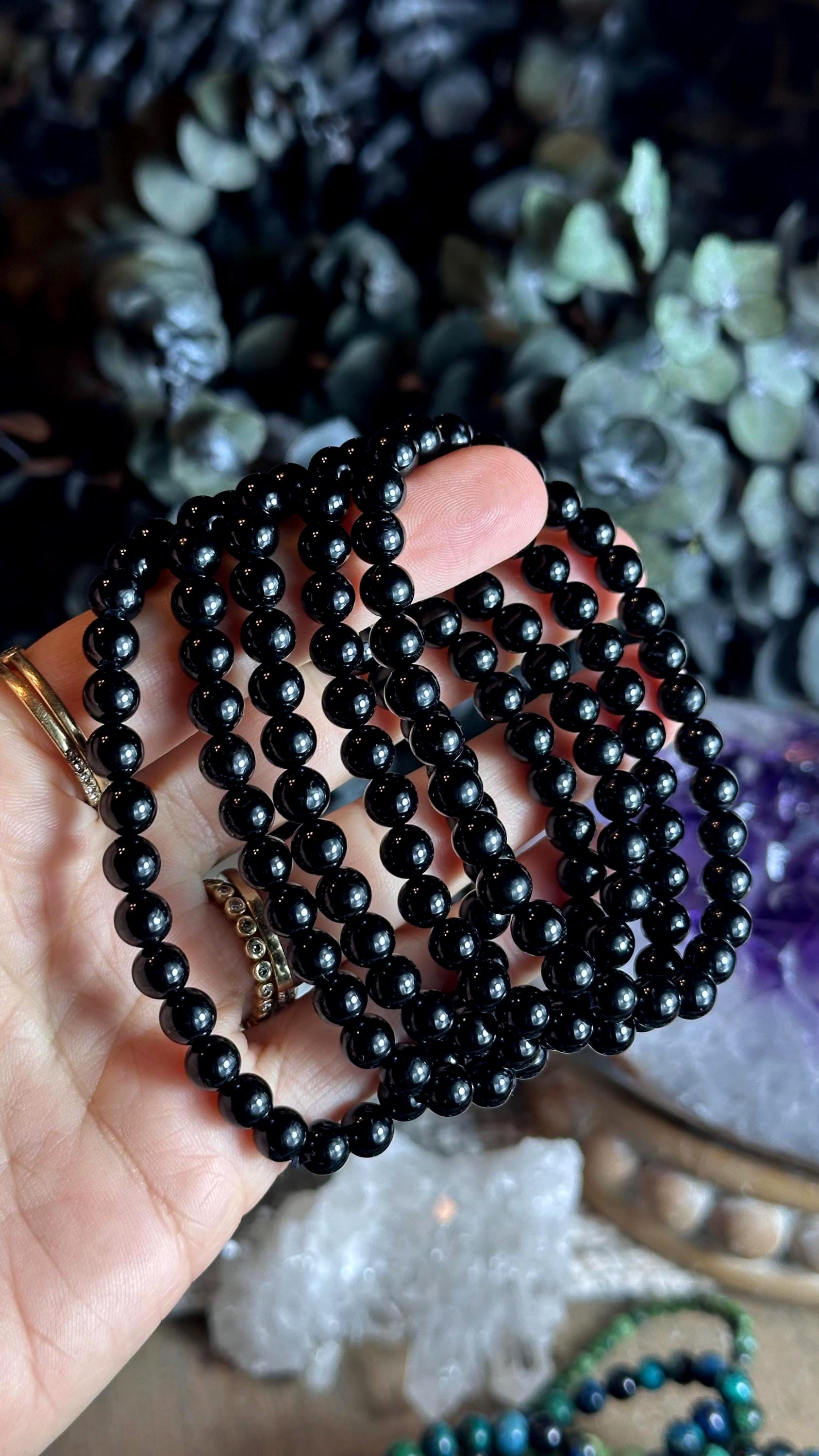6mm Black Tourmaline Beaded Bracelet: Crystal Healing, Boho Stretch Jewelry