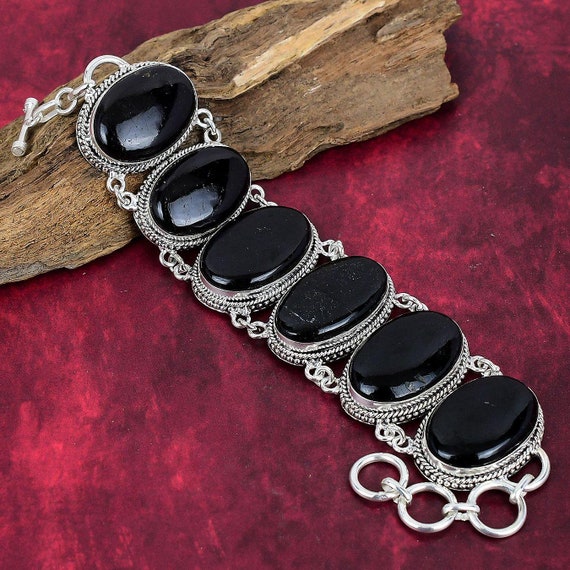 Black Tourmaline 925 Sterling Silver Bracelet - Handmade Boho Jewelry