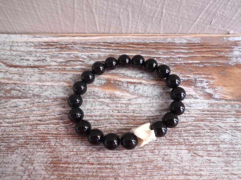 Black Tourmaline And King Cobra Vertebrae Bracelet, Snake Vertebrae Protection Beaded Bracelet, Mens Stretch Gemstone Bracelet, Gift For Him