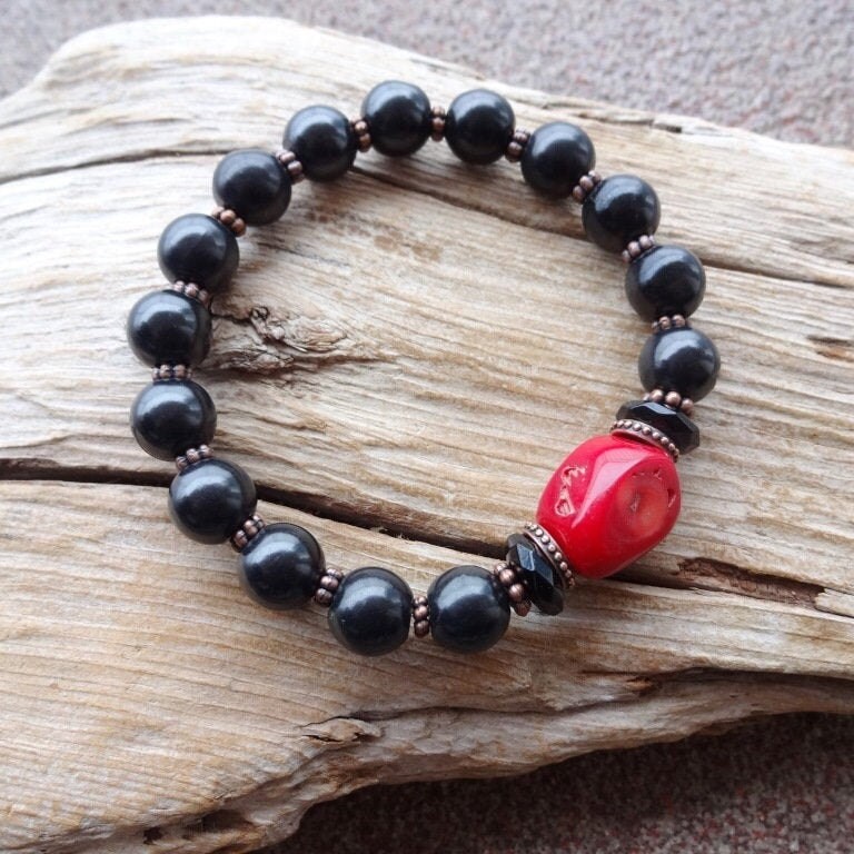 Black Tourmaline And Red Coral Beaded Bracelet
