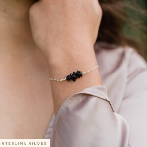 Black Tourmaline Bead Bar Crystal Bracelet In Bronze, Silver, Gold Or Rose Gold - 6" Chain With 2" Adjustable Extender - October Birthstone