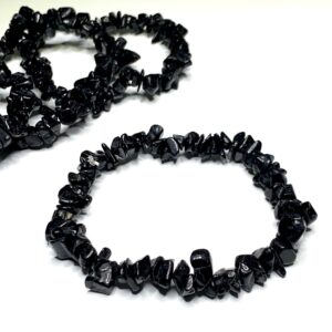 Black Tourmaline Crystal Chips Bracelet: Gemstone Beaded Stretch Bracelet