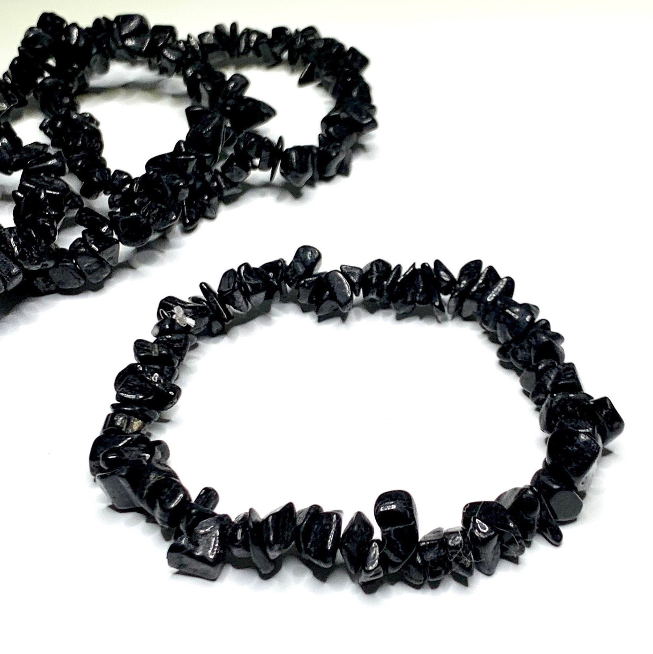 Black Tourmaline Crystal Chips Bracelet: Gemstone Beaded Stretch Bracelet