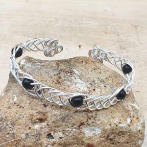 Black Tourmaline Cuff Bracelet. Celtic Knot Bracelet. October Birthstone. Reiki Jewelry Uk. Silver Filled Wire Wrapped Adjustable Bracelet.