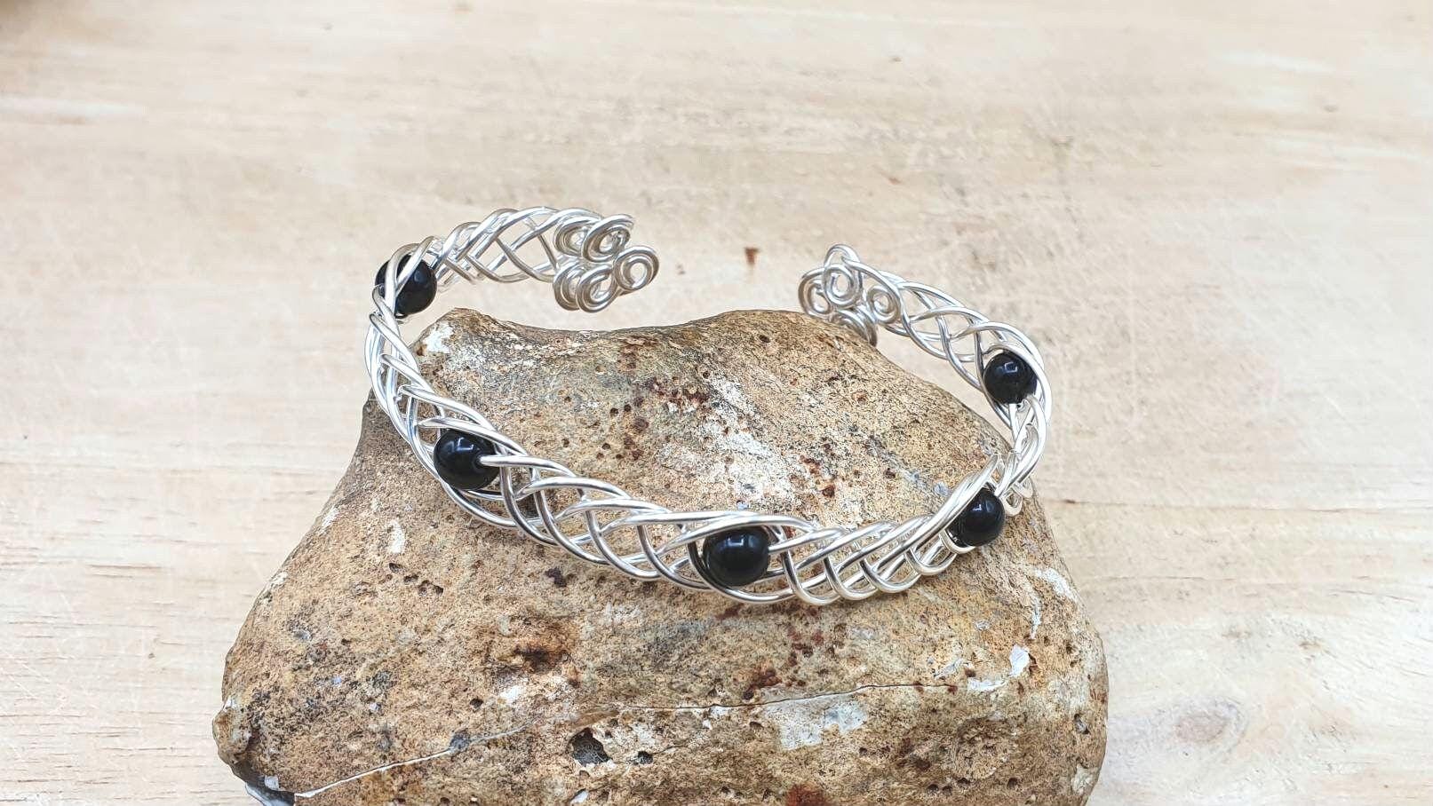 Black Tourmaline Cuff Bracelet. Celtic Knot Bracelet. October Birthstone. Reiki Jewelry Uk. Silver Filled Wire Wrapped Adjustable Bracelet.