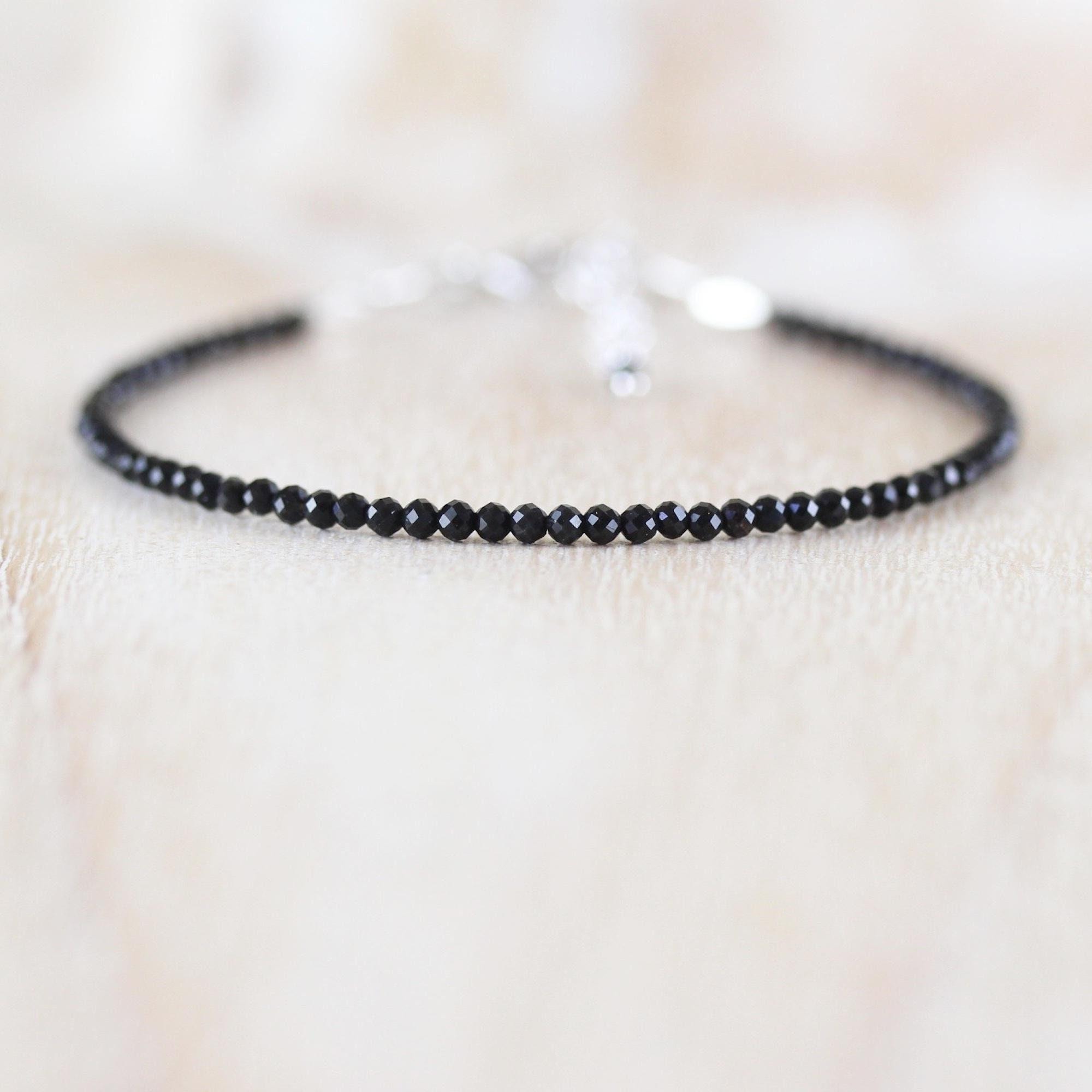 Black Tourmaline Dainty Bracelet In 925 Sterling Silver, Gold Or Rose Gold Filled, Delicate Gemstone Stacking Bracelet, 2mm Faceted Beads