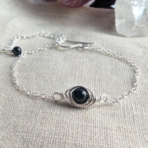 BLACK TOURMALINE Dainty Sterling Silver Bracelet, Stacking Bracelet, 925 Sterling Silver, Black Stacking Bracelet, October Birthstone