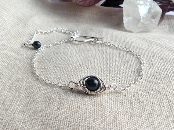 Black Tourmaline Dainty Sterling Silver Bracelet, Stacking Bracelet, 925 Sterling Silver, Black Stacking Bracelet, October Birthstone